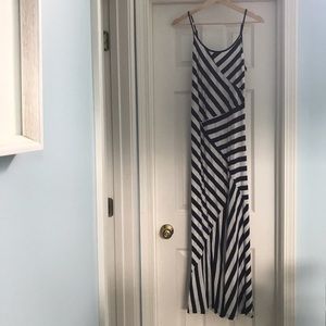 Navy and oatmeal striped Anthropologie maxi dress